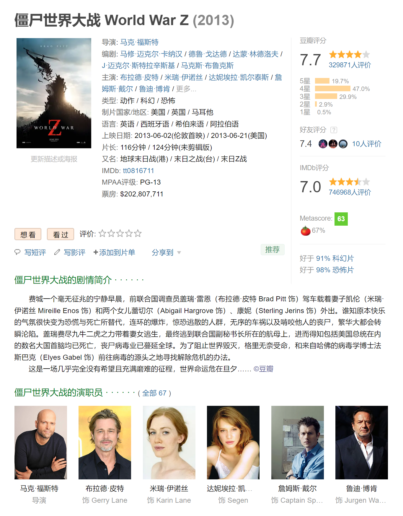   [未剪辑·未分级版]  [蓝光高清-9.35G]（僵尸世界大战）World War Z(2013)【夸克网盘×迅雷云盘】
